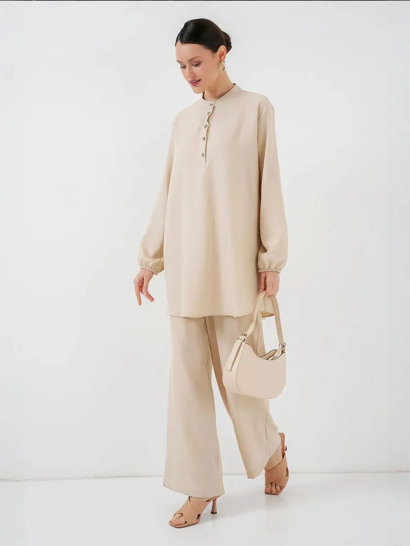 بيغ دارت BDART Textured Linen Blend Long Sleeve Tunic and Wide Leg Pants Set